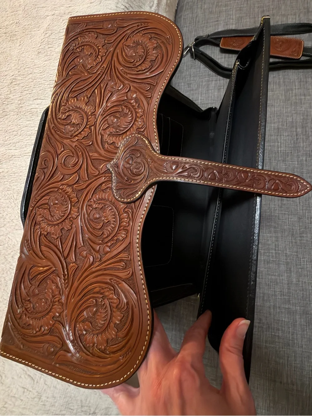 Premium Tooled Leather Crossbody Briefcase - Brown